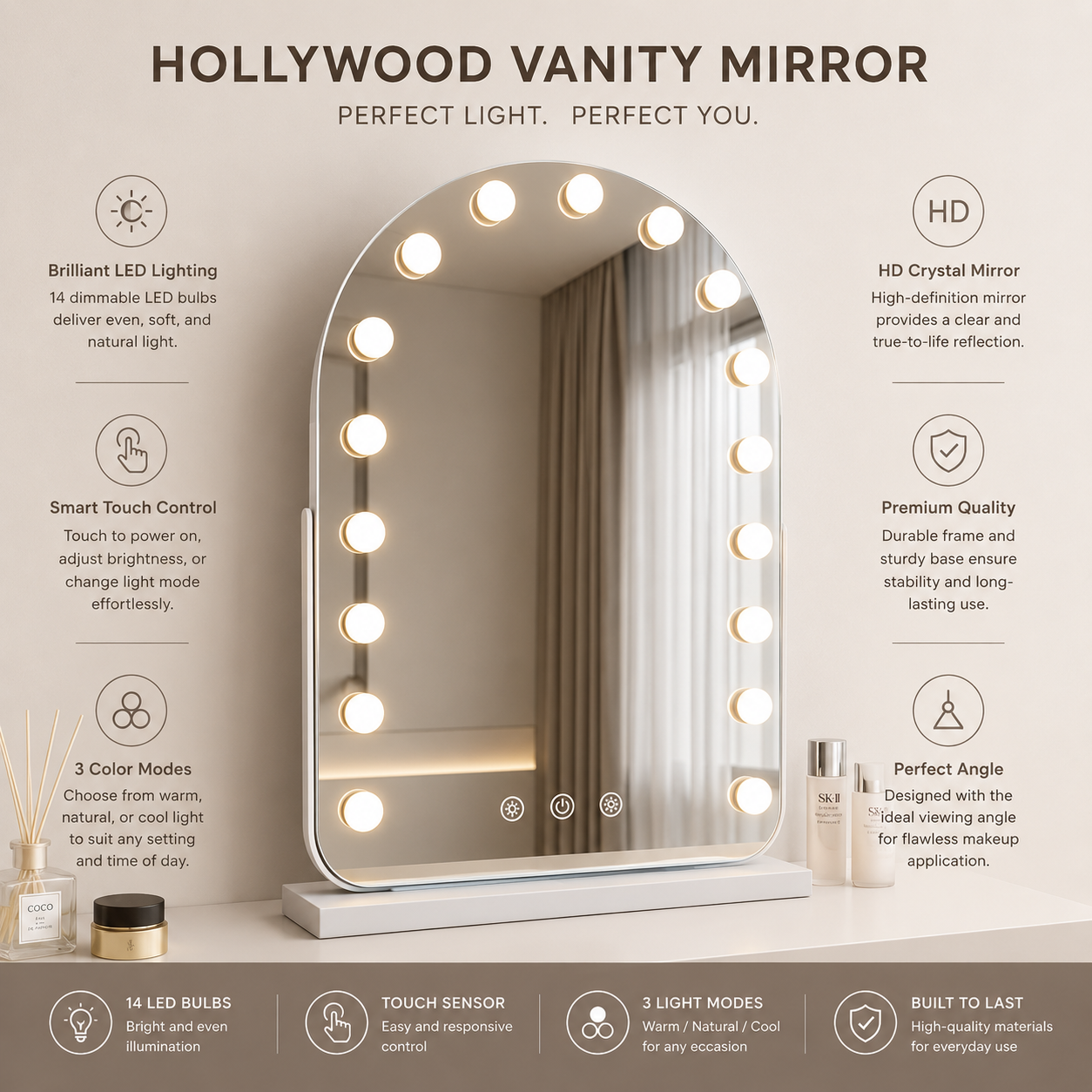 GlintArc Arched LED Vanity Mirror with Smart Lighting