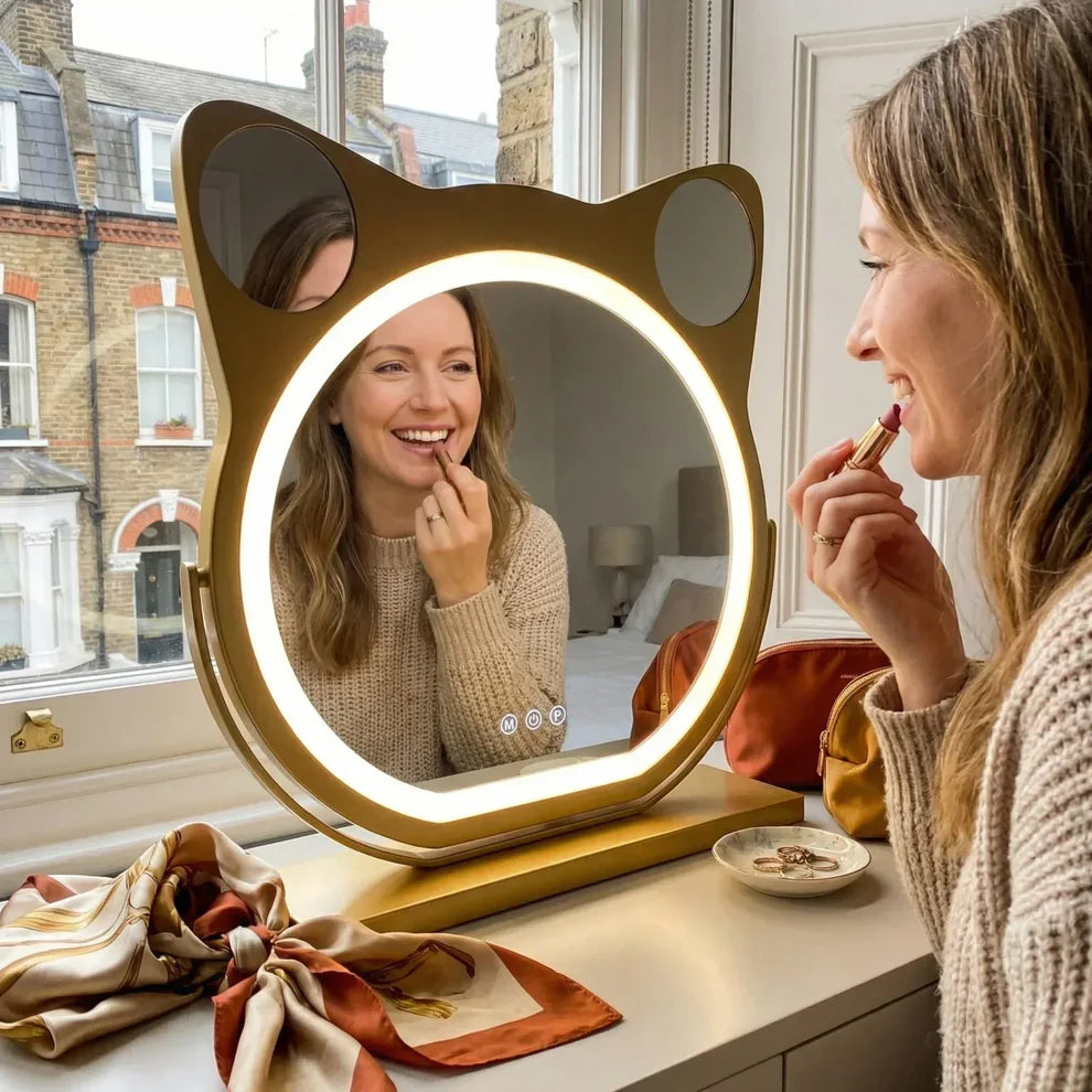 FelisGlow Cat-Ear LED Vanity Mirror with Smart Touch Lighting