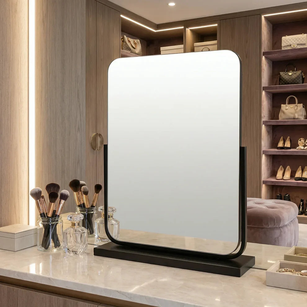 AuraGlaze Art Deco Vanity Mirror with Solid Oak Base